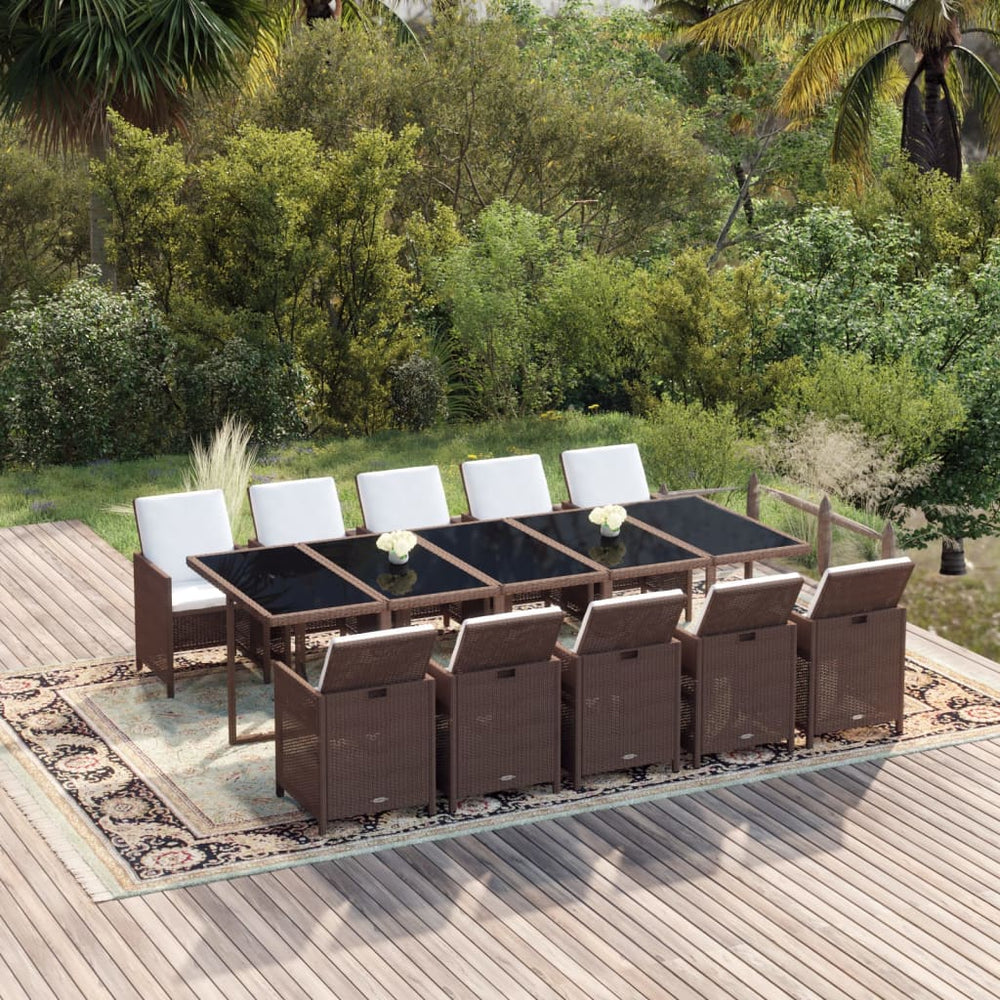 vidaXL 11-piece Garden Dining Set with Cushions Poly Rattan Brown