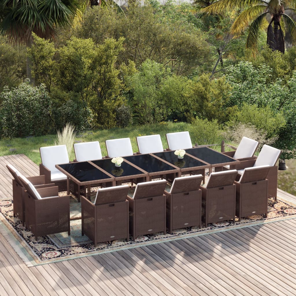 vidaXL 15-piece Garden Dining Set with Cushions Poly Rattan Brown