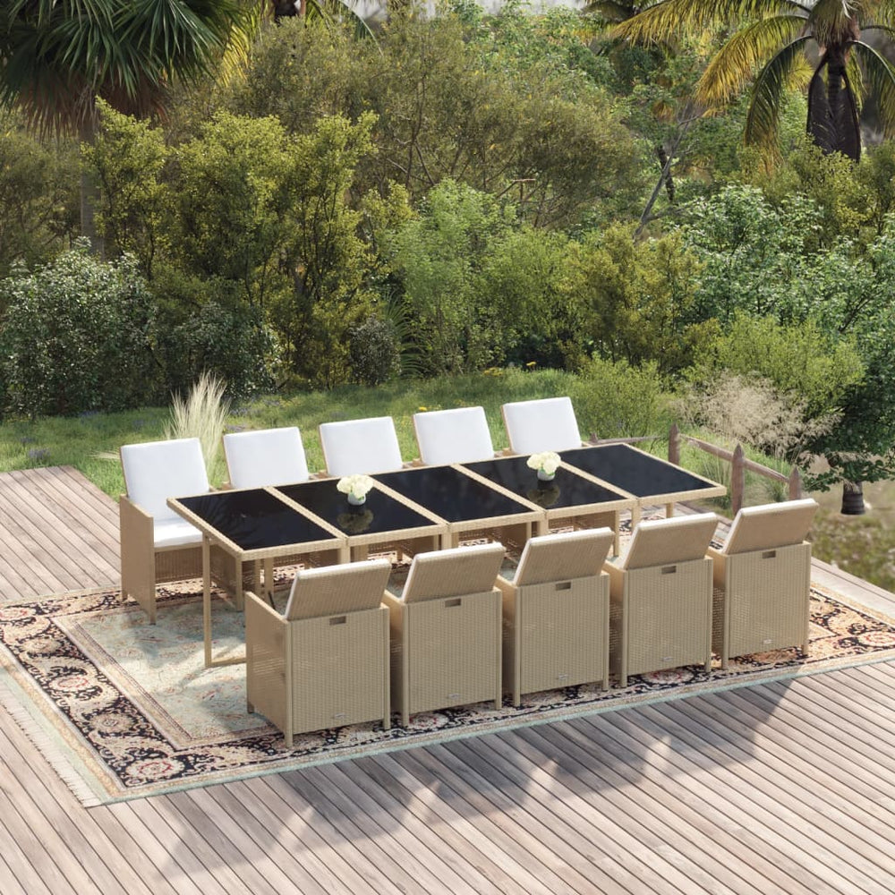 vidaXL 11-piece Garden Dining Set with Cushions Poly Rattan Beige
