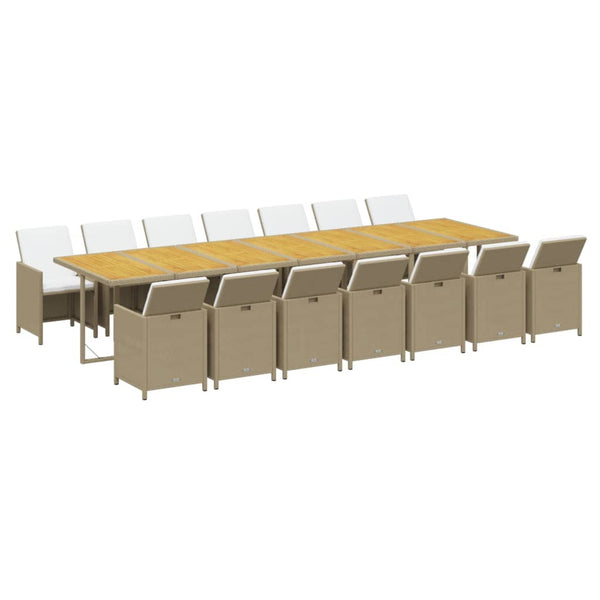 vidaXL 15-piece Garden Dining Set with Cushions Beige Poly Rattan