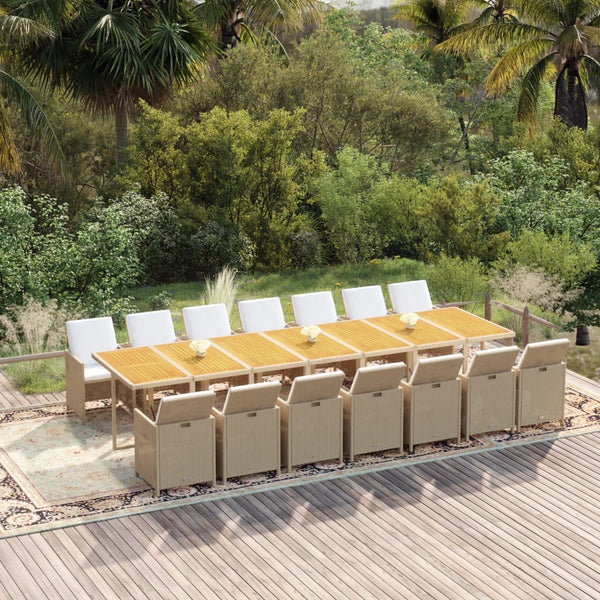 vidaXL 15-piece Garden Dining Set with Cushions Beige Poly Rattan