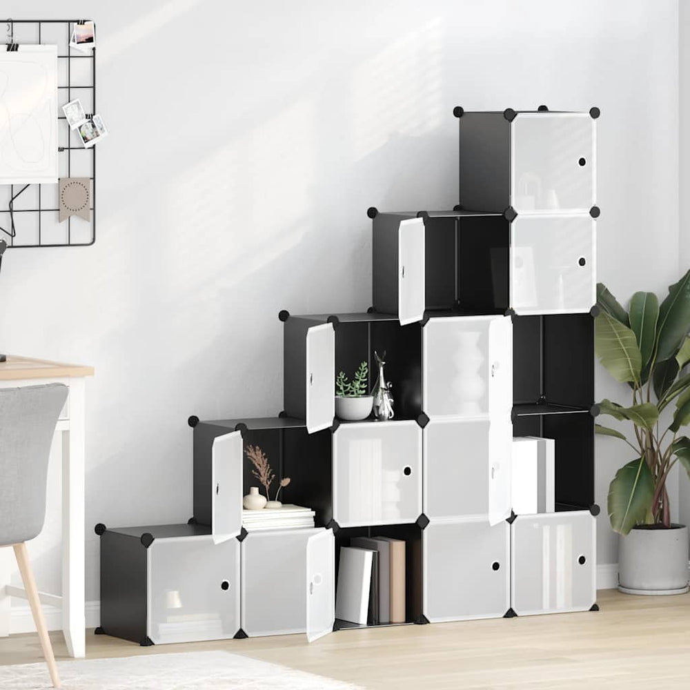 vidaXL Cube Storage System with 15 Cubes and Doors Black PP