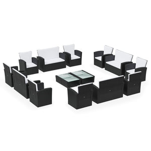 vidaXL 16-Piece Garden Lounge Set with Cushions Poly Rattan Black