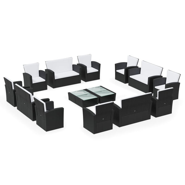 vidaXL 16-Piece Garden Lounge Set with Cushions Poly Rattan Black