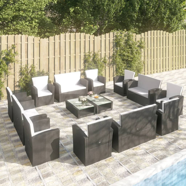vidaXL 16-Piece Garden Lounge Set with Cushions Poly Rattan Black