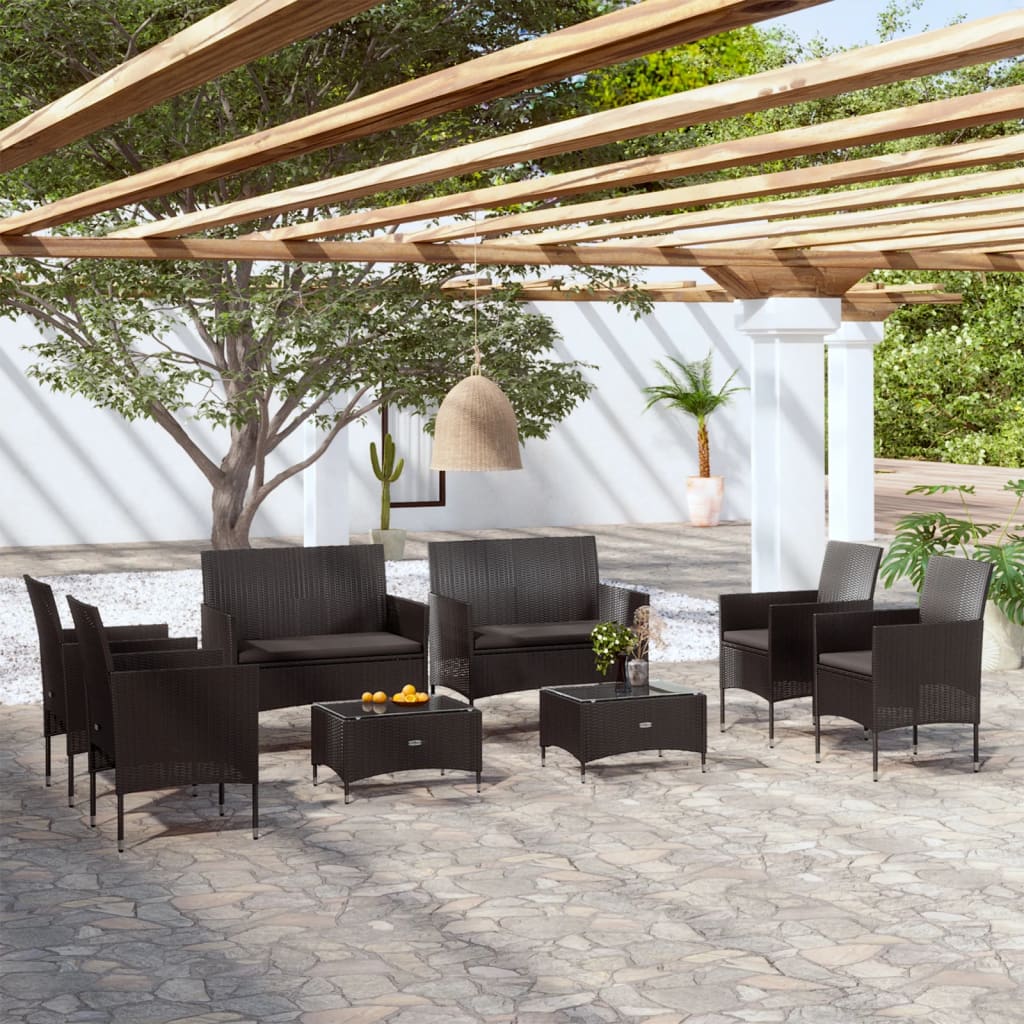 vidaXL 8-piece Garden Lounge Set with Cushions Poly Rattan Black