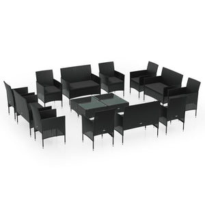 vidaXL 16-piece Garden Lounge Set with Cushions Poly Rattan Black