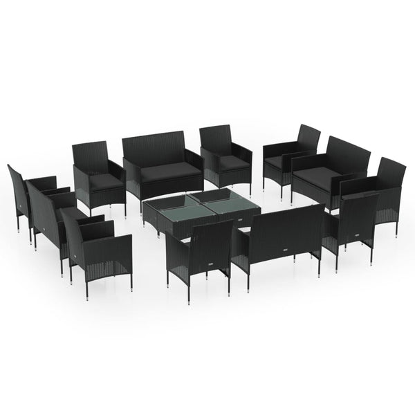 vidaXL 16-piece Garden Lounge Set with Cushions Poly Rattan Black