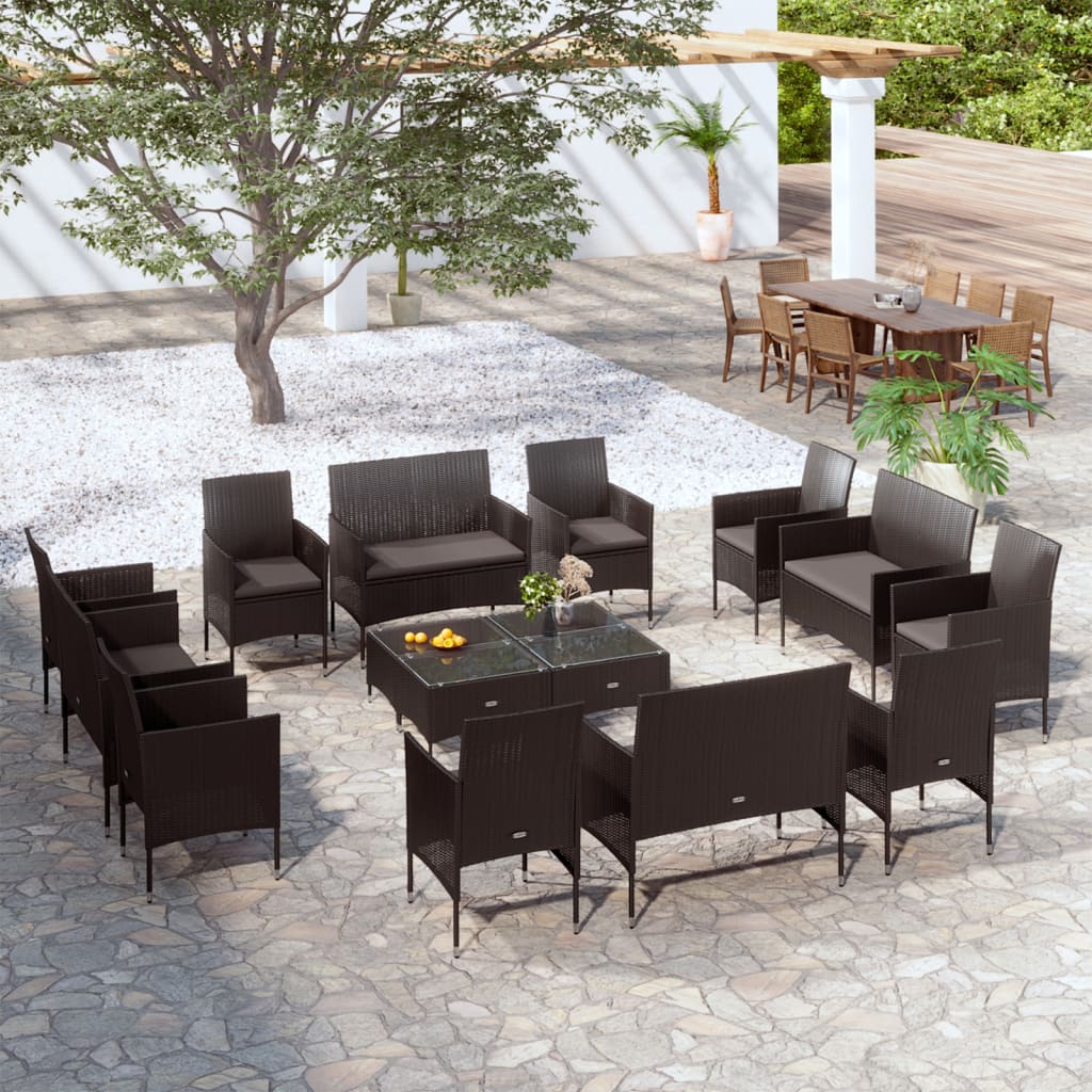 vidaXL 16-piece Garden Lounge Set with Cushions Poly Rattan Black