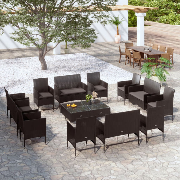 vidaXL 16-piece Garden Lounge Set with Cushions Poly Rattan Black