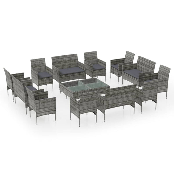 vidaXL 16-Piece Garden Lounge Set with Cushions Poly Rattan Grey