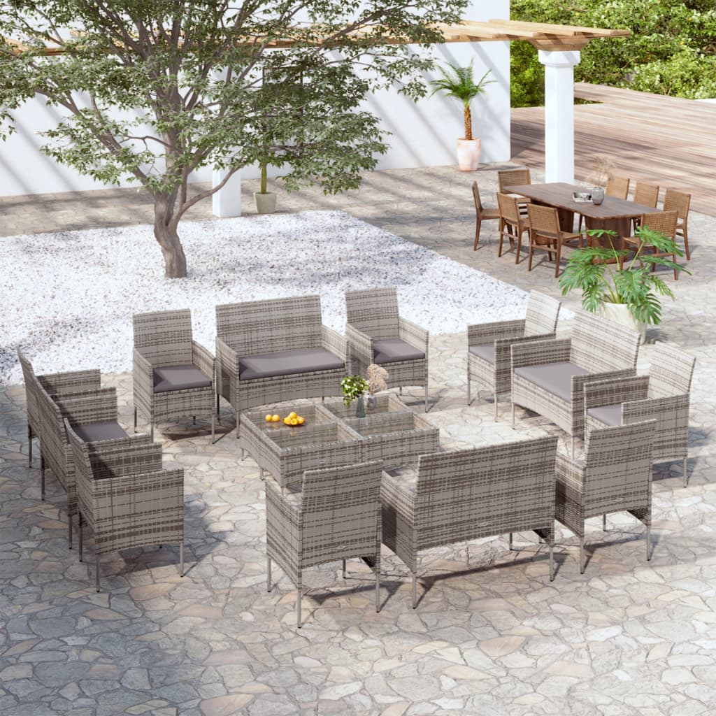 vidaXL 16-Piece Garden Lounge Set with Cushions Poly Rattan Grey