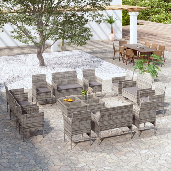 vidaXL 16-Piece Garden Lounge Set with Cushions Poly Rattan Grey