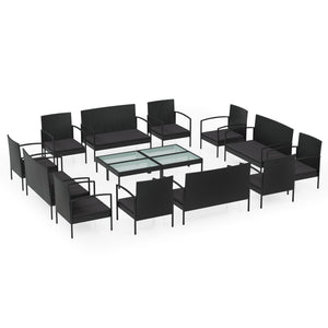 vidaXL 16-piece Garden Lounge Set with Cushions Poly Rattan Black