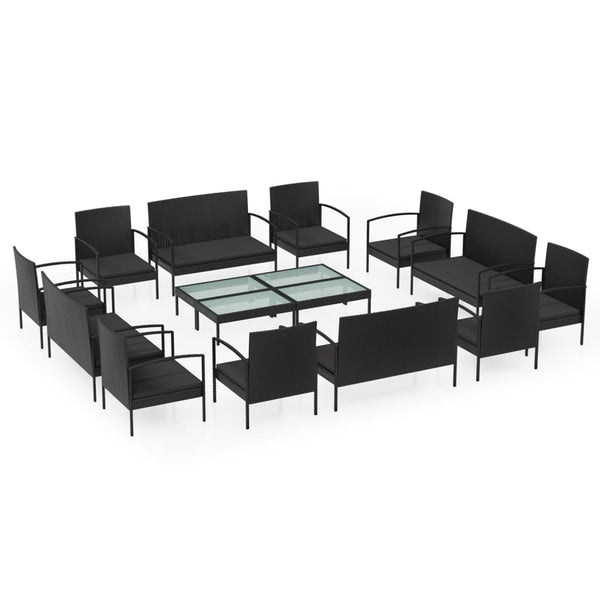 vidaXL 16-piece Garden Lounge Set with Cushions Poly Rattan Black