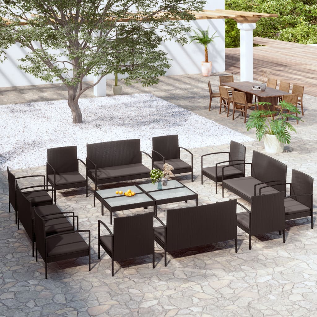 vidaXL 16-piece Garden Lounge Set with Cushions Poly Rattan Black