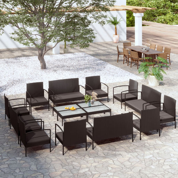 vidaXL 16-piece Garden Lounge Set with Cushions Poly Rattan Black