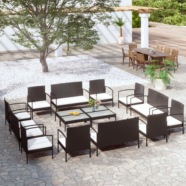 vidaXL 16-piece Garden Lounge Set with Cushions Poly Rattan Black