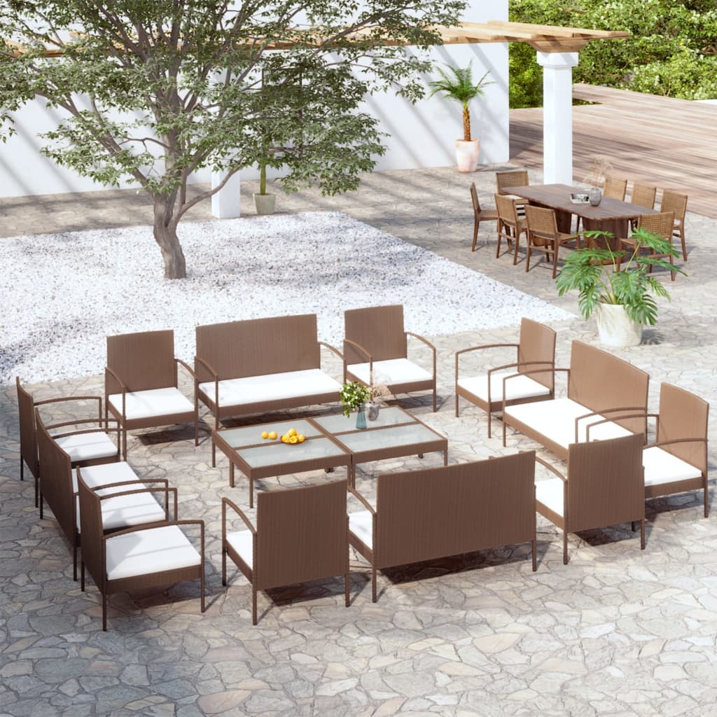 vidaXL 16-Piece Garden Lounge Set with Cushions Poly Rattan Brown
