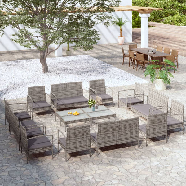 vidaXL 16-Piece Garden Lounge Set with Cushions Poly Rattan Grey