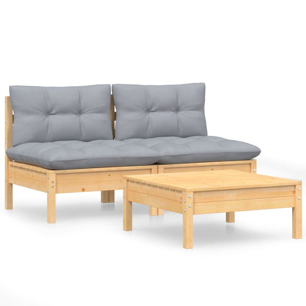 vidaXL 3-Piece Garden Lounge Set with Grey Cushions Solid Pinewood