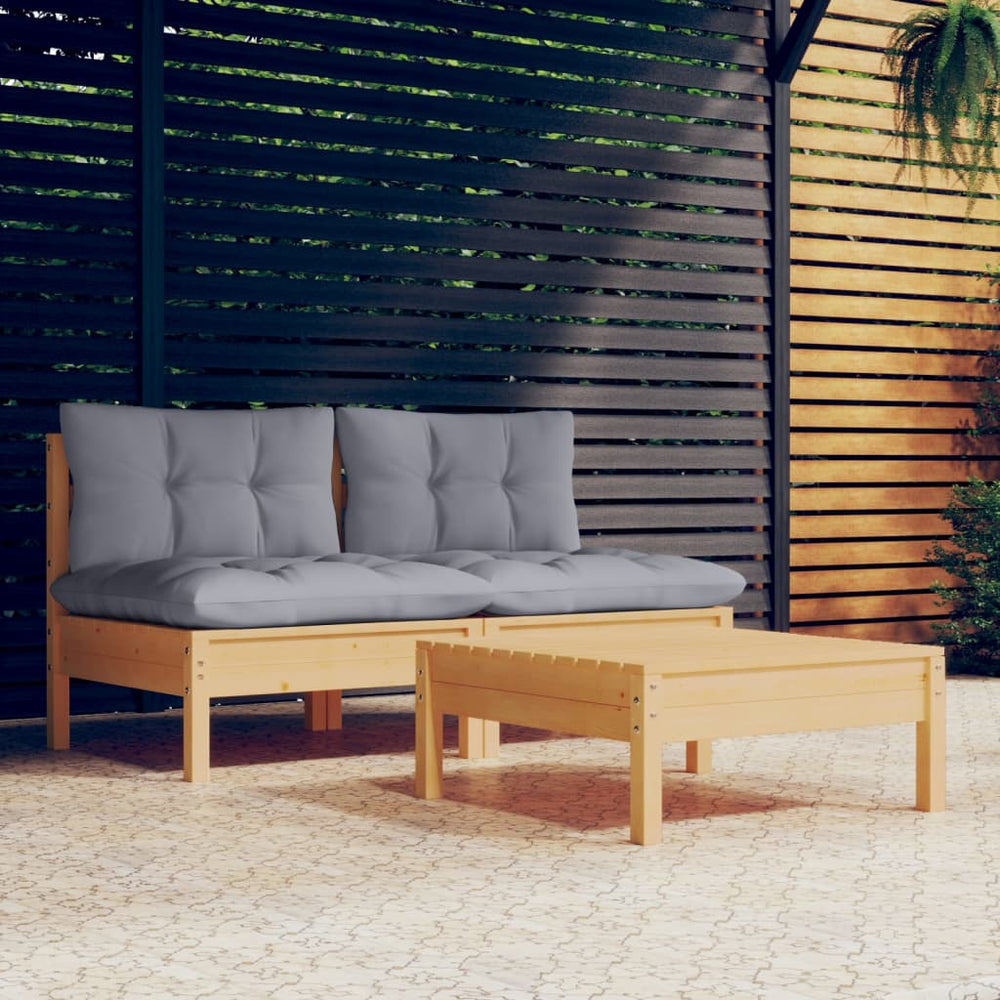 vidaXL 3-Piece Garden Lounge Set with Grey Cushions Solid Pinewood