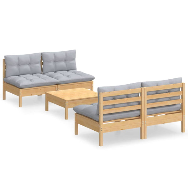 vidaXL 5-Piece Garden Lounge Set with Grey Cushions Solid Pinewood