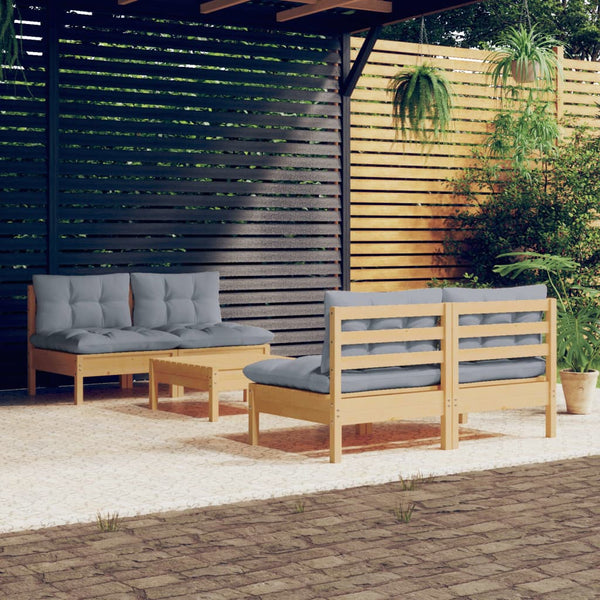 vidaXL 5-Piece Garden Lounge Set with Grey Cushions Solid Pinewood