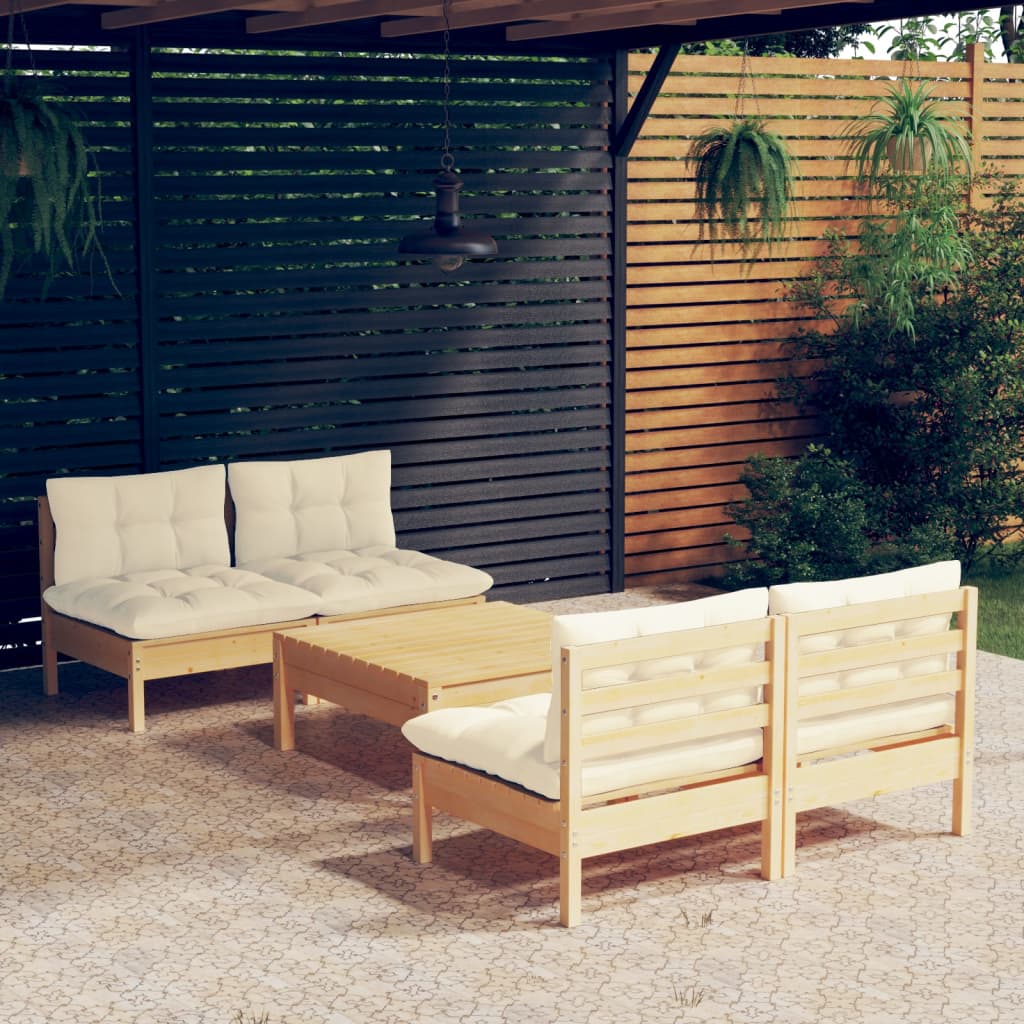 vidaXL 5-piece Garden Lounge Set with Cream Cushions Pinewood