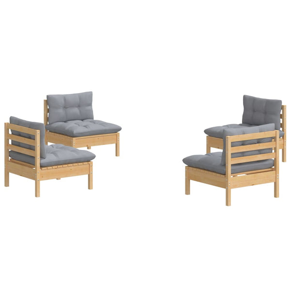 4-tlg. Garten-Lounge-Set mit Grauen Kissen Kiefernholz