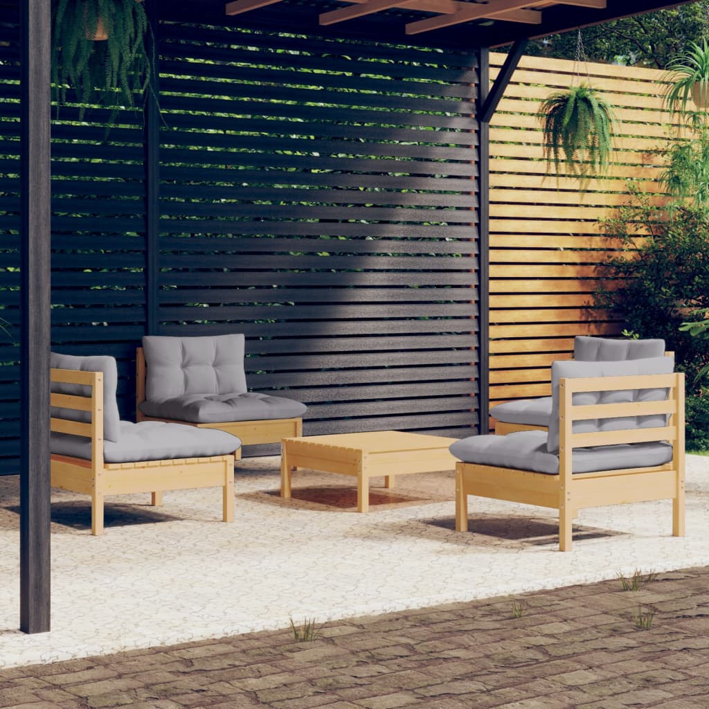 5-tlg. Garten-Lounge-Set mit Grauen Kissen Kiefernholz