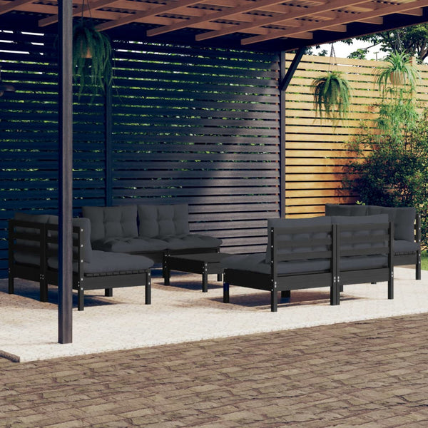 9-tlg. Garten-Lounge-Set mit Anthrazit Kissen Kiefernholz