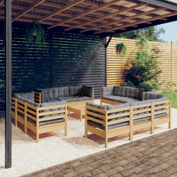 13-tlg. Garten-Lounge-Set mit Grauen Kissen Kiefernholz