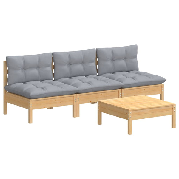 4-tlg. Garten-Lounge-Set mit Grauen Kissen Kiefernholz