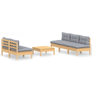 6-tlg. Garten-Lounge-Set mit Grauen Kissen Kiefernholz