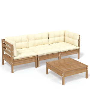 4-tlg. Garten-Lounge-Set mit Creme Kissen Kiefernholz