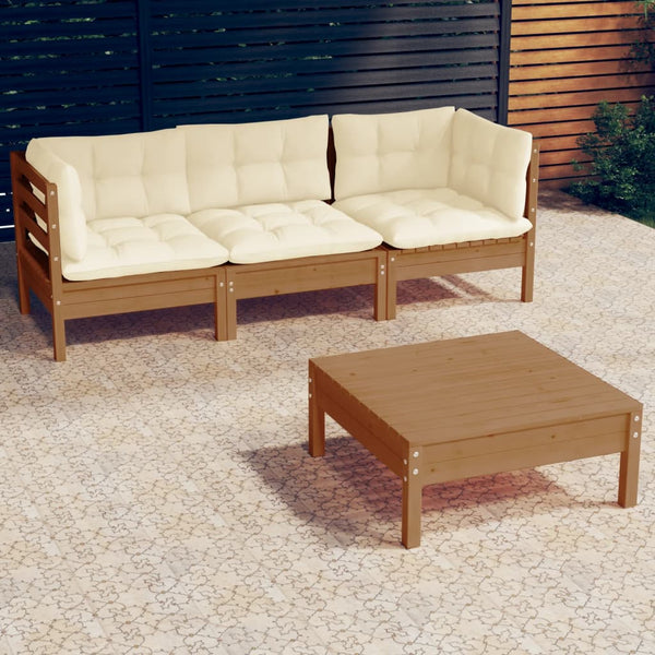 4-tlg. Garten-Lounge-Set mit Creme Kissen Kiefernholz
