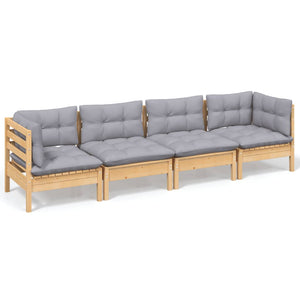 4-tlg. Garten-Lounge-Set mit Grauen Kissen Kiefer Massivholz