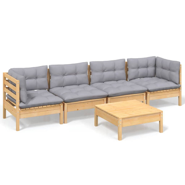 vidaXL 5-piece Garden Lounge Set with Grey Cushions Solid Pine Wood