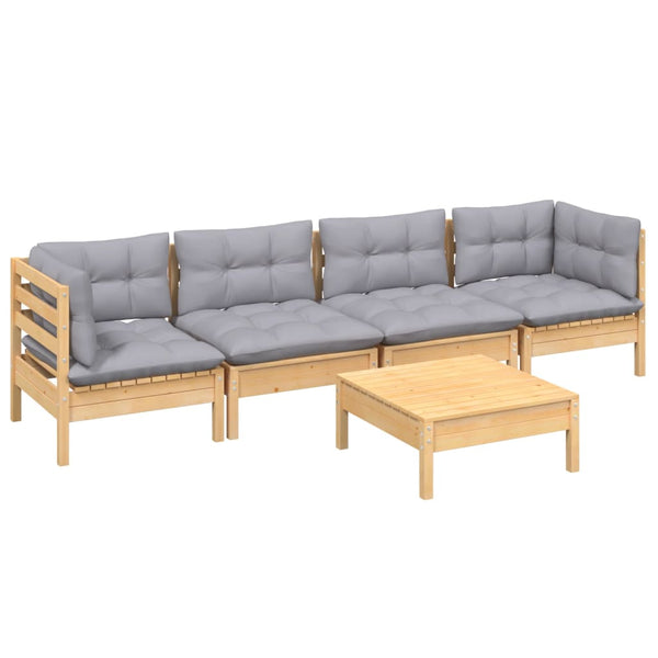 vidaXL 5-piece Garden Lounge Set with Grey Cushions Solid Pine Wood