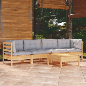 vidaXL 5-piece Garden Lounge Set with Grey Cushions Solid Pine Wood