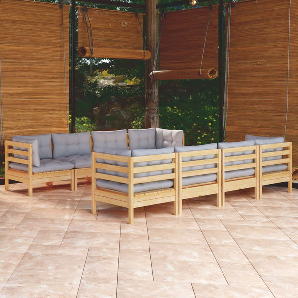 vidaXL 9-piece Garden Lounge Set with Grey Cushions Solid Pine Wood