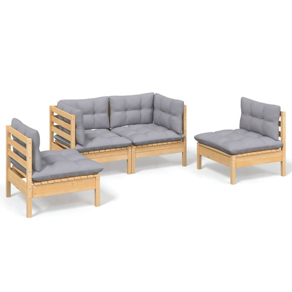 vidaXL 4-Piece Garden Lounge Set with Grey Cushions Solid Pine Wood
