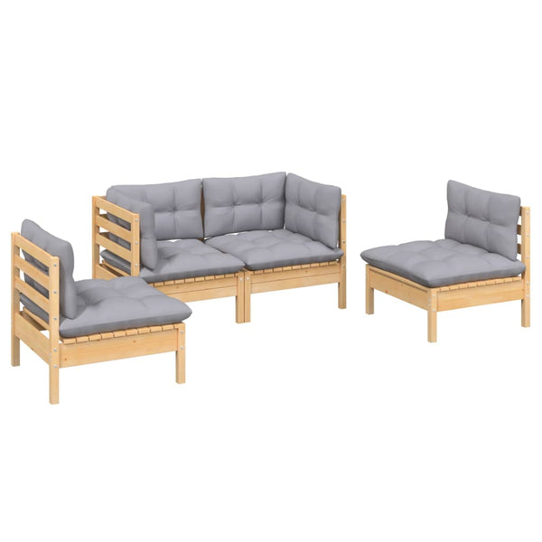 vidaXL 4-Piece Garden Lounge Set with Grey Cushions Solid Pine Wood