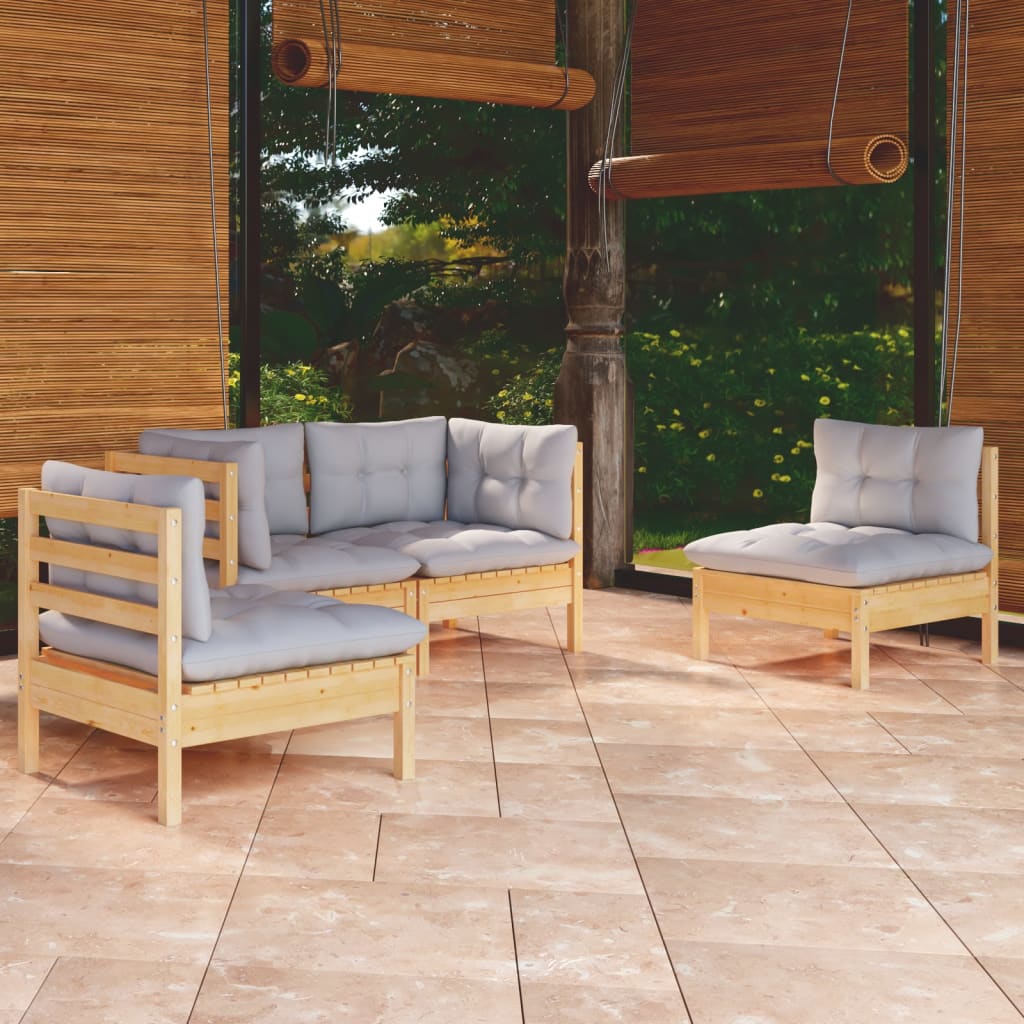 vidaXL 4-Piece Garden Lounge Set with Grey Cushions Solid Pine Wood