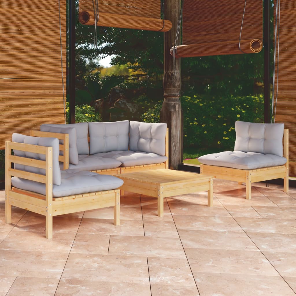 vidaXL 5-piece Garden Lounge Set with Grey Cushions Solid Pine Wood
