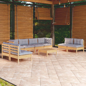 vidaXL 9-piece Garden Lounge Set with Grey Cushions Solid Pine Wood