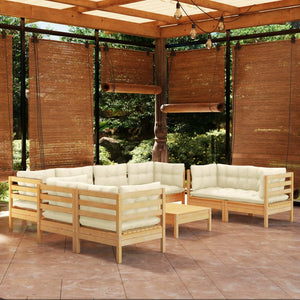vidaXL 9-piece Garden Lounge Set with Cream Cushions Solid Pine Wood