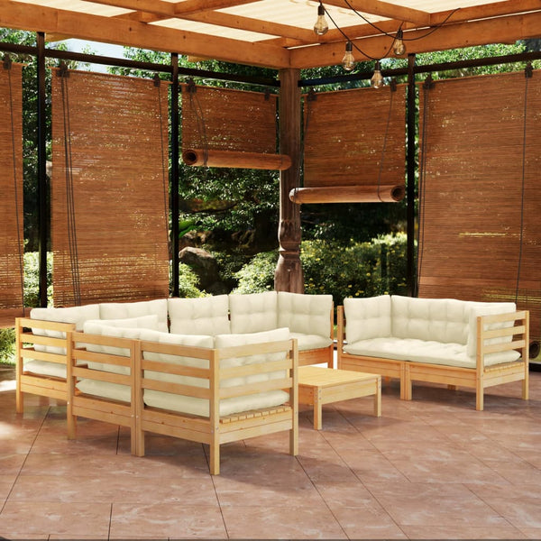 vidaXL 9-piece Garden Lounge Set with Cream Cushions Solid Pine Wood