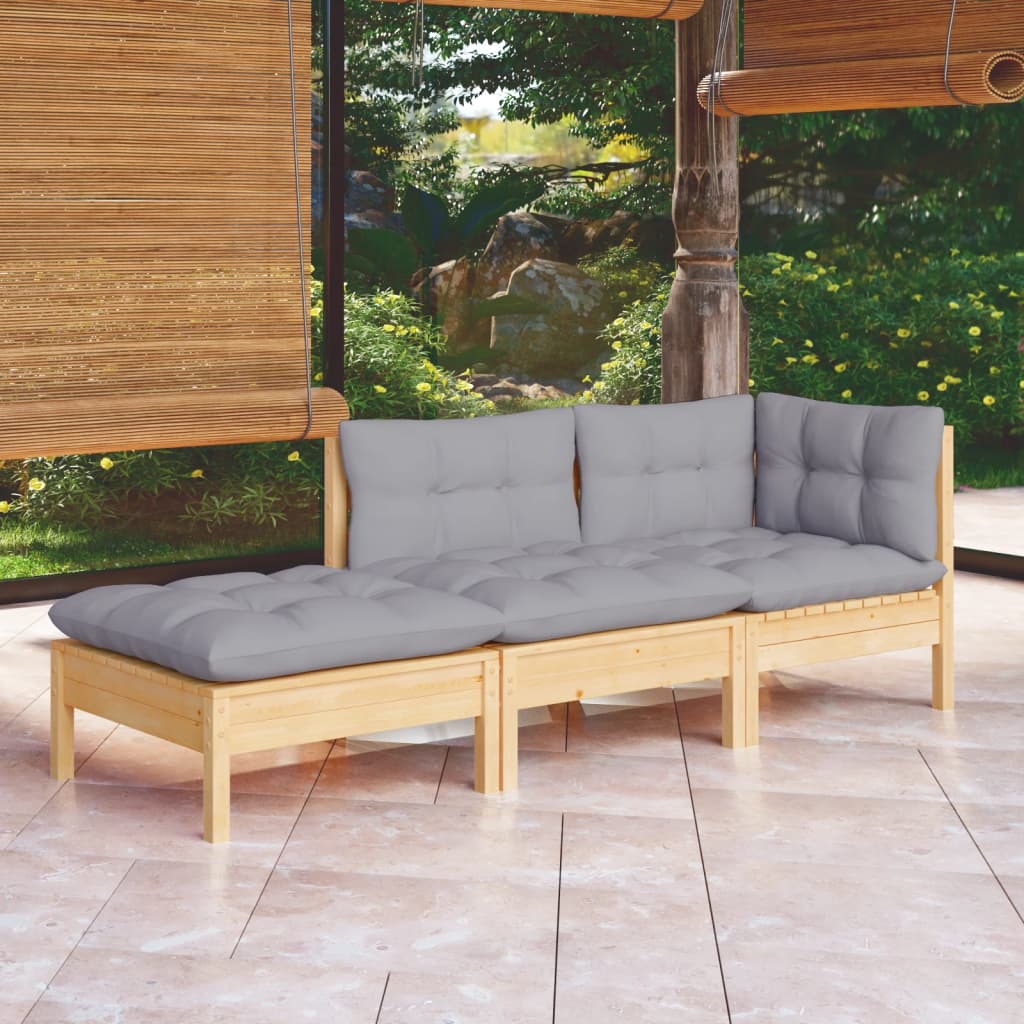 vidaXL 3-Piece Garden Lounge Set with Grey Cushions Solid Pine Wood